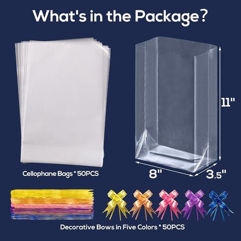 EASYYOURHOME 50PCS Gift Wrap Cellophane Goodie Bags with Bottom, Clear Plastic Treat Bags for Packaging Gift Candy Dessert Snack Cookie Chocolate Party Favor with 50 Decorative Bows(6 * 9inch) in Saudi Arabia