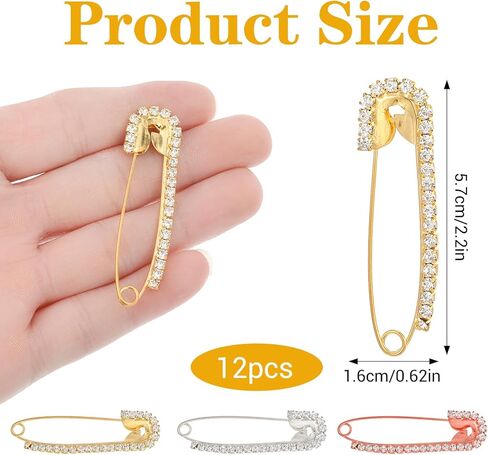 12 Pcs Safety Pins for Clothes, Brooches and Pins for Women Safety Pin Decorative Pin for Clothing Rhinestone Brooch for Clothes Hats Shawl Women Large Shawl Charms (Gold Silver Rose Gold) in Kuwait
