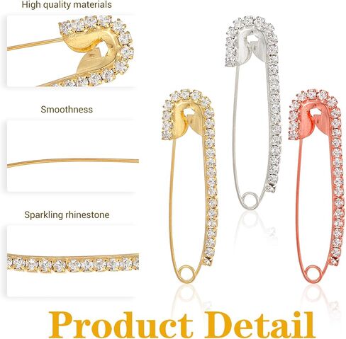12 Pcs Safety Pins for Clothes, Brooches and Pins for Women Safety Pin Decorative Pin for Clothing Rhinestone Brooch for Clothes Hats Shawl Women Large Shawl Charms (Gold Silver Rose Gold) in Kuwait