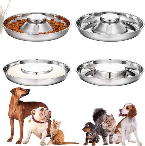 4 Pcs Stainless Steel Puppy Bowls, 10.2 Inch Silver Multiple Puppy Feeding Station, Non Skid Dog Food and Water Bowls for Weaning, Litter Feeding, and Slow Feeder Use in Kuwait
