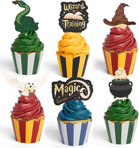 XO ، Fetti Wizard in Training Cupcake Toppers + Wrpulers - مجموعة من 24 | الديكور كعكة الأطفال ، ديكور الحفلات السحرية ، لوازم الساحر ، ملحق الحلوى in Saudi Arabia