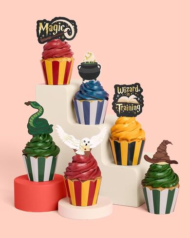 XO ، Fetti Wizard in Training Cupcake Toppers + Wrpulers - مجموعة من 24 | الديكور كعكة الأطفال ، ديكور الحفلات السحرية ، لوازم الساحر ، ملحق الحلوى in Saudi Arabia