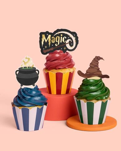 XO ، Fetti Wizard in Training Cupcake Toppers + Wrpulers - مجموعة من 24 | الديكور كعكة الأطفال ، ديكور الحفلات السحرية ، لوازم الساحر ، ملحق الحلوى in Saudi Arabia