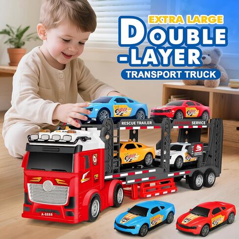 Baingesk Semi Truck Toys Car لمدة 3 ، 4 ، 5 ، 6 ، 8 سنوات فتيات ، شاحنة حاملات مزدوجة قابلة للتعديل مع الضوء والصوت ، نقل السيارات مع لعبة مقطورة ، هدايا نقل كبيرة للطفل in Kuwait