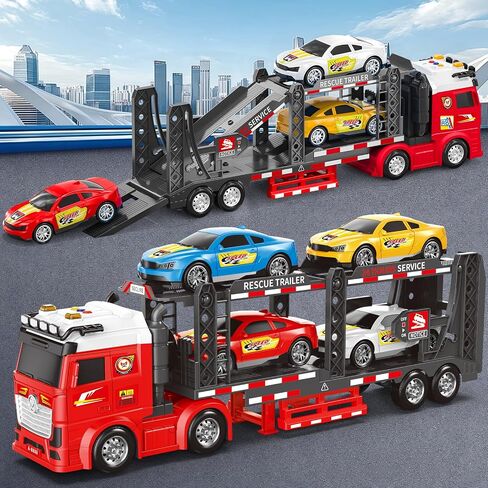 Baingesk Semi Truck Toys Car لمدة 3 ، 4 ، 5 ، 6 ، 8 سنوات فتيات ، شاحنة حاملات مزدوجة قابلة للتعديل مع الضوء والصوت ، نقل السيارات مع لعبة مقطورة ، هدايا نقل كبيرة للطفل in Kuwait