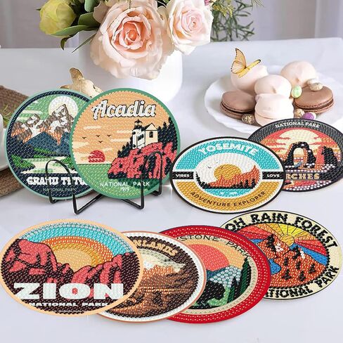 Negekfkx 8 PCS National Park Diamond Art Painting Coasters Coasts ، Coaster With Holder for البالغين ، مجموعات Diy Doy Paint Craft ، 5D Drill Diy Diamon in Kuwait