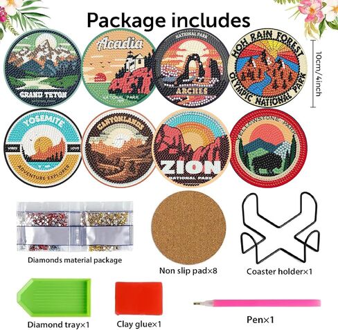 Negekfkx 8 PCS National Park Diamond Art Painting Coasters Coasts ، Coaster With Holder for البالغين ، مجموعات Diy Doy Paint Craft ، 5D Drill Diy Diamon in Kuwait