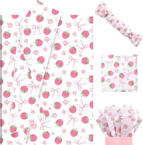 100 Sheets Pink Bow and Strawberry Tissue Paper, 20 x 14 Inch Pink Bow Strawberry Printed Wrapping Paper for Birthday Wedding Baby Shower Gift Wrapping Holiday Bouquet in Saudi Arabia