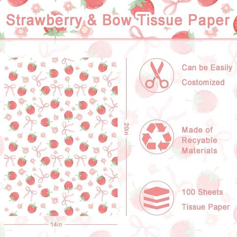 100 Sheets Pink Bow and Strawberry Tissue Paper, 20 x 14 Inch Pink Bow Strawberry Printed Wrapping Paper for Birthday Wedding Baby Shower Gift Wrapping Holiday Bouquet in Saudi Arabia