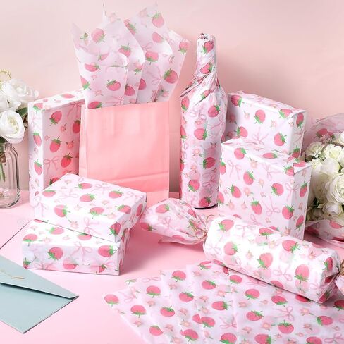 100 Sheets Pink Bow and Strawberry Tissue Paper, 20 x 14 Inch Pink Bow Strawberry Printed Wrapping Paper for Birthday Wedding Baby Shower Gift Wrapping Holiday Bouquet in Saudi Arabia