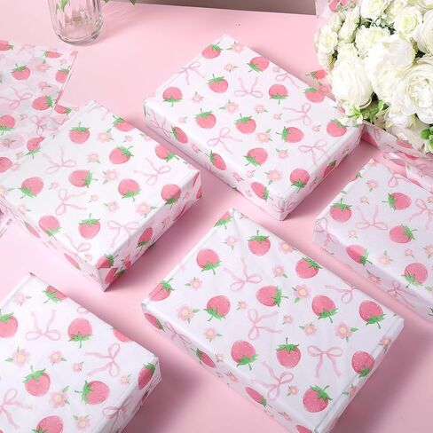 100 Sheets Pink Bow and Strawberry Tissue Paper, 20 x 14 Inch Pink Bow Strawberry Printed Wrapping Paper for Birthday Wedding Baby Shower Gift Wrapping Holiday Bouquet in Saudi Arabia