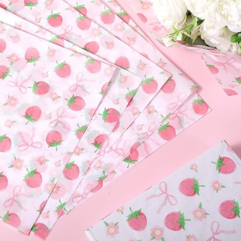100 Sheets Pink Bow and Strawberry Tissue Paper, 20 x 14 Inch Pink Bow Strawberry Printed Wrapping Paper for Birthday Wedding Baby Shower Gift Wrapping Holiday Bouquet in Saudi Arabia