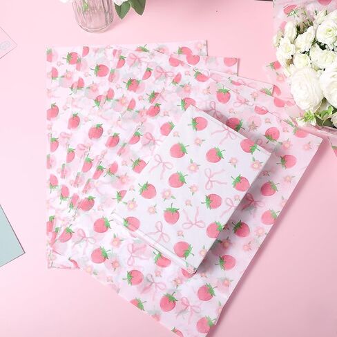 100 Sheets Pink Bow and Strawberry Tissue Paper, 20 x 14 Inch Pink Bow Strawberry Printed Wrapping Paper for Birthday Wedding Baby Shower Gift Wrapping Holiday Bouquet in Saudi Arabia
