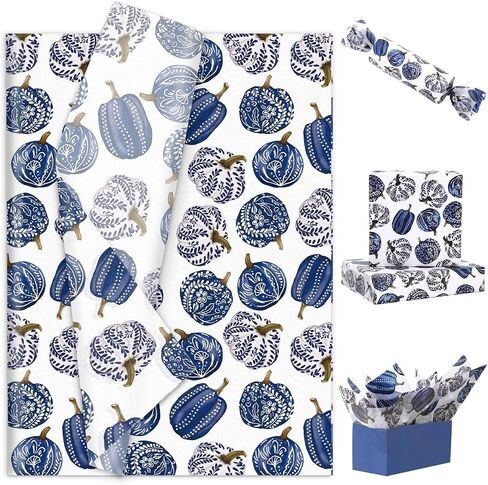 JarThenaAMCS 60 Sheets Fall Pumpkin Tissue Paper Chinoiserie Blue Pumpkin Gift Wrapping Paper for DIY Arts Crafts Autumn Thanksgiving Party, 14 x 20 Inch in Saudi Arabia