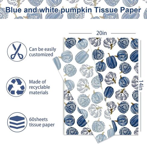 JarThenaAMCS 60 Sheets Fall Pumpkin Tissue Paper Chinoiserie Blue Pumpkin Gift Wrapping Paper for DIY Arts Crafts Autumn Thanksgiving Party, 14 x 20 Inch in Saudi Arabia