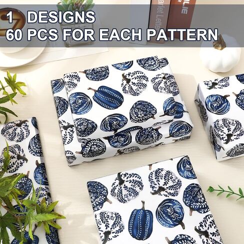 JarThenaAMCS 60 Sheets Fall Pumpkin Tissue Paper Chinoiserie Blue Pumpkin Gift Wrapping Paper for DIY Arts Crafts Autumn Thanksgiving Party, 14 x 20 Inch in Saudi Arabia