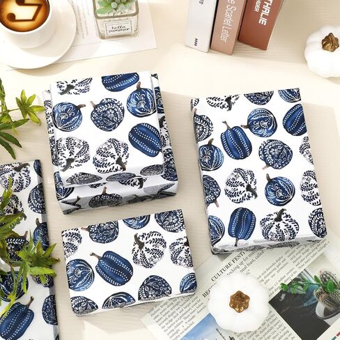 JarThenaAMCS 60 Sheets Fall Pumpkin Tissue Paper Chinoiserie Blue Pumpkin Gift Wrapping Paper for DIY Arts Crafts Autumn Thanksgiving Party, 14 x 20 Inch in Saudi Arabia
