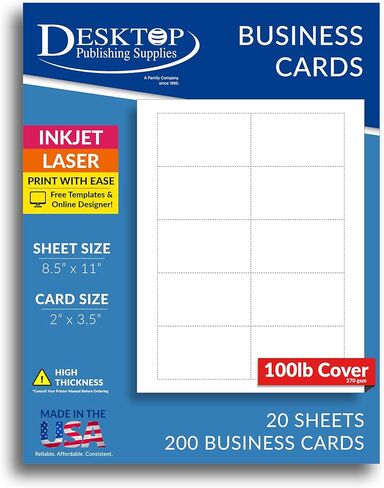 Extra Thick Heavyweight White Blank Business Card Paper - 20 Sheets / 200 Business Cards - 100lb Cover / 270 gsm - Inkjet & Laser Printer Compatible - Standard 3.5 x 2 Inches in Saudi Arabia