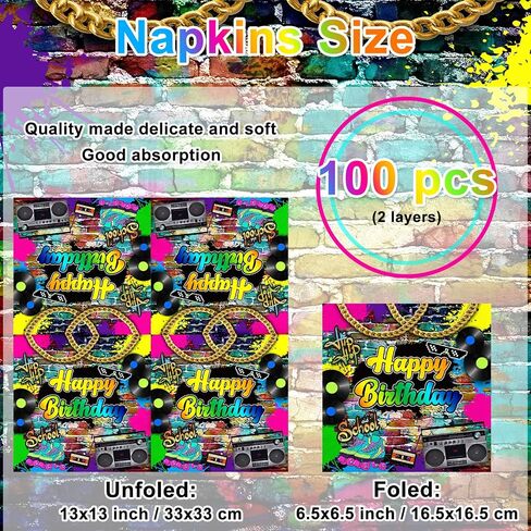 Avezano 100 Pcs 80’s Party Npkins 6.5 x 6.5" 80s Birthday Hip Hop Birthday Party Decorations Supplies Retro 80s Theme Party Paper Napkins in Saudi Arabia
