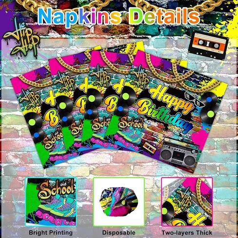 Avezano 100 Pcs 80’s Party Npkins 6.5 x 6.5" 80s Birthday Hip Hop Birthday Party Decorations Supplies Retro 80s Theme Party Paper Napkins in Saudi Arabia