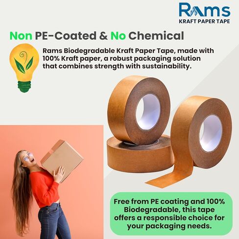 Rams 1.88 "× 110 ياردة (حزمة من 3) شريط تعبئة الورق Kraft الصديق للبيئة ، لاصق ذاتي ، قابلة للكتابة ، شريط التغليف الشاق للخدمة الختم ، الختم ، الصناديق الشحن والنقل (إجمالي 330 ياردة / 984 قدم) in Saudi Arabia