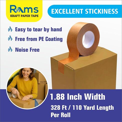 Rams 1.88 "× 110 ياردة (حزمة من 3) شريط تعبئة الورق Kraft الصديق للبيئة ، لاصق ذاتي ، قابلة للكتابة ، شريط التغليف الشاق للخدمة الختم ، الختم ، الصناديق الشحن والنقل (إجمالي 330 ياردة / 984 قدم) in Saudi Arabia