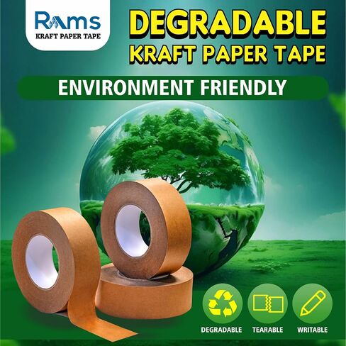 Rams 1.88 "× 110 ياردة (حزمة من 3) شريط تعبئة الورق Kraft الصديق للبيئة ، لاصق ذاتي ، قابلة للكتابة ، شريط التغليف الشاق للخدمة الختم ، الختم ، الصناديق الشحن والنقل (إجمالي 330 ياردة / 984 قدم) in Saudi Arabia