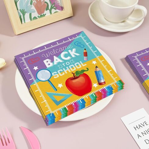 Back to School Party Napkins, 80PCS Back to School Paper Napkins Disposable, Ruler, Book & Apple Prints Party Supplies Birthday Decorations for First Day Party Decor, Lunch, Classroom Celebrations in Saudi Arabia