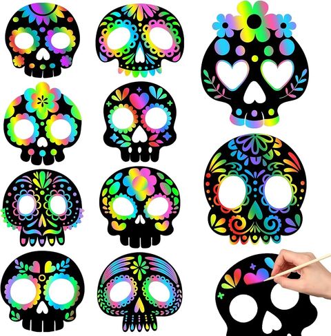 Deekin 60 Pcs Day of the Dead Scratch Masks Gifts for Dia De Los Muertos Halloween Skull Party Favors DIY Art Mask Craft Kit(Skull) in Saudi Arabia
