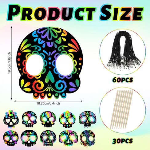 Deekin 60 Pcs Day of the Dead Scratch Masks Gifts for Dia De Los Muertos Halloween Skull Party Favors DIY Art Mask Craft Kit(Skull) in Saudi Arabia