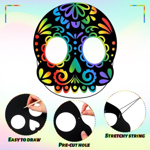 Deekin 60 Pcs Day of the Dead Scratch Masks Gifts for Dia De Los Muertos Halloween Skull Party Favors DIY Art Mask Craft Kit(Skull) in Saudi Arabia