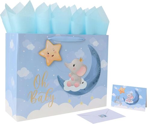 16.5'' Extra Large Baby Boy Gift Bag Set with Handles, Greeting Card, Blue Tissue Papers and Stickers for Boys Kids for Baby Shower, Boys' Birthday Party, Newborn, New Moms, Little One, 1st Baby, Elephant and 3D Star Design, 1 Pcs in Saudi Arabia