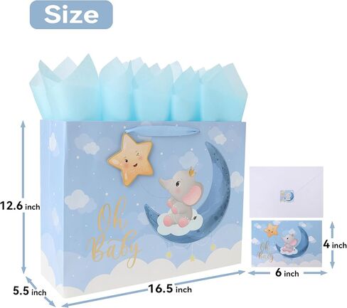 16.5'' Extra Large Baby Boy Gift Bag Set with Handles, Greeting Card, Blue Tissue Papers and Stickers for Boys Kids for Baby Shower, Boys' Birthday Party, Newborn, New Moms, Little One, 1st Baby, Elephant and 3D Star Design, 1 Pcs in Saudi Arabia