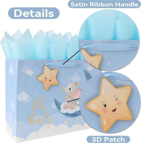 16.5'' Extra Large Baby Boy Gift Bag Set with Handles, Greeting Card, Blue Tissue Papers and Stickers for Boys Kids for Baby Shower, Boys' Birthday Party, Newborn, New Moms, Little One, 1st Baby, Elephant and 3D Star Design, 1 Pcs in Saudi Arabia