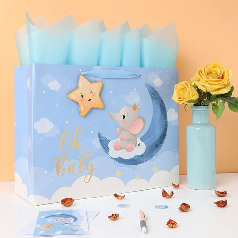 16.5'' Extra Large Baby Boy Gift Bag Set with Handles, Greeting Card, Blue Tissue Papers and Stickers for Boys Kids for Baby Shower, Boys' Birthday Party, Newborn, New Moms, Little One, 1st Baby, Elephant and 3D Star Design, 1 Pcs in Saudi Arabia