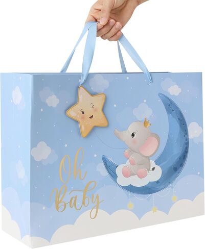 16.5'' Extra Large Baby Boy Gift Bag Set with Handles, Greeting Card, Blue Tissue Papers and Stickers for Boys Kids for Baby Shower, Boys' Birthday Party, Newborn, New Moms, Little One, 1st Baby, Elephant and 3D Star Design, 1 Pcs in Saudi Arabia