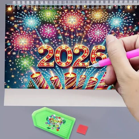 DIY Diamond Art Painting 2026 Desk Calendar, Creative Diamond Art 2026 Flip Tabletop Calendar with Stand for Office Home Decoration-02 in Saudi Arabia