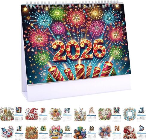 DIY Diamond Art Painting 2026 Desk Calendar, Creative Diamond Art 2026 Flip Tabletop Calendar with Stand for Office Home Decoration-02 in Saudi Arabia