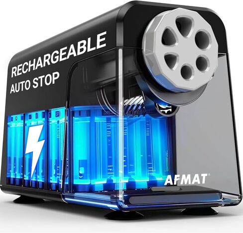 AFMAT 6-Hole Electric Pencil Sharpener Heavy Duty, Auto Stop Classroom Pencil Sharpener for 6-11mm Pencils, Rechargeable Pencil Sharpeners for School, 10000 Sharpening Times, Save Pencils, Black in Saudi Arabia
