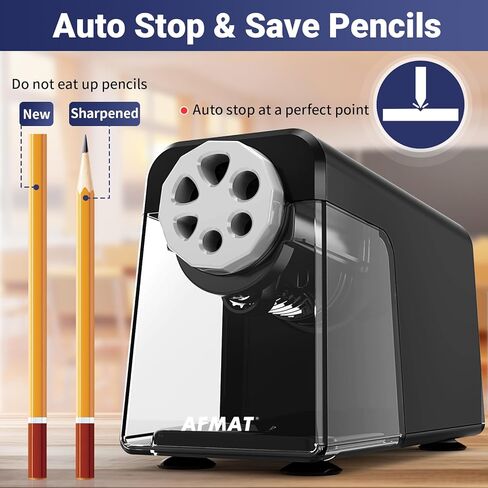 AFMAT 6-Hole Electric Pencil Sharpener Heavy Duty, Auto Stop Classroom Pencil Sharpener for 6-11mm Pencils, Rechargeable Pencil Sharpeners for School, 10000 Sharpening Times, Save Pencils, Black in Saudi Arabia
