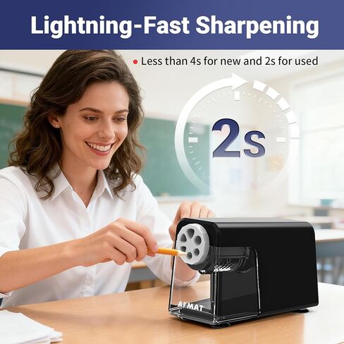 AFMAT 6-Hole Electric Pencil Sharpener Heavy Duty, Auto Stop Classroom Pencil Sharpener for 6-11mm Pencils, Rechargeable Pencil Sharpeners for School, 10000 Sharpening Times, Save Pencils, Black in Saudi Arabia
