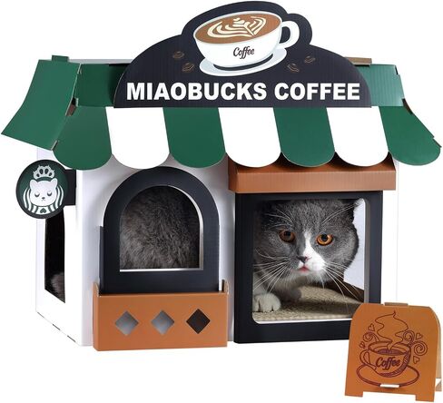 Cardboard Cat House with Scratcher – Coffee Shop Design, 19''L x16''W x15''H, Indoor/Outdoor Cat Playhouse & Hideout, Corrugated Cat Scratch Toy for Cats up to 22 lbs, Small Pets, Cute Home Decor Gift in Saudi Arabia