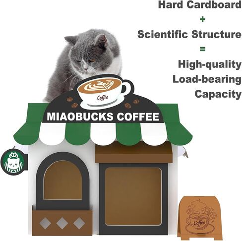 Cardboard Cat House with Scratcher – Coffee Shop Design, 19''L x16''W x15''H, Indoor/Outdoor Cat Playhouse & Hideout, Corrugated Cat Scratch Toy for Cats up to 22 lbs, Small Pets, Cute Home Decor Gift in Saudi Arabia