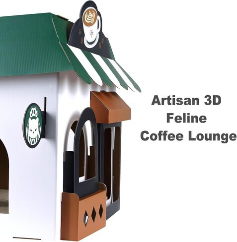 Cardboard Cat House with Scratcher – Coffee Shop Design, 19''L x16''W x15''H, Indoor/Outdoor Cat Playhouse & Hideout, Corrugated Cat Scratch Toy for Cats up to 22 lbs, Small Pets, Cute Home Decor Gift in Saudi Arabia
