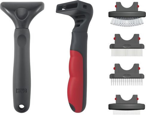Tool Kong 4-in-1 القابلة للتبديل للأدوات الكلاب-Rake ، Slicker ، Comb & Pin Brush Heads ، تصميم متعدد الاستخدامات الكل في واحد ، مقبض غير انزلاق ، لجميع أنواع الأطباق ، الأحمر/الرمادي in Kuwait
