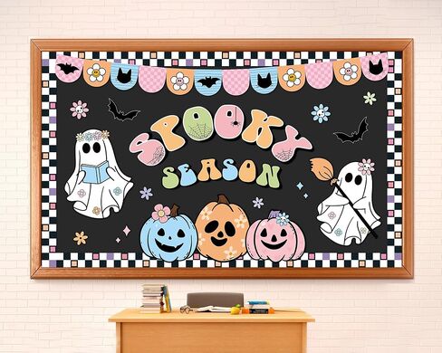 Halloween Bulletin Board Decorations Boho Halloween Ghost Pumpkin Spider Bat Paper Cutouts Supplies Groovy Spooky Season Classroom Decors for Holiday School Home Class Chalkboard Wall Decor in Saudi Arabia