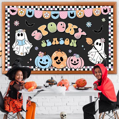 Halloween Bulletin Board Decorations Boho Halloween Ghost Pumpkin Spider Bat Paper Cutouts Supplies Groovy Spooky Season Classroom Decors for Holiday School Home Class Chalkboard Wall Decor in Saudi Arabia