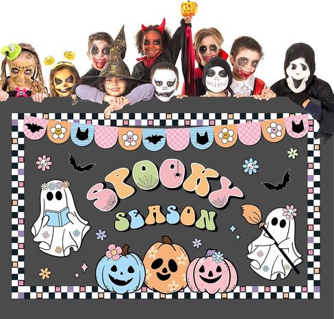 Halloween Bulletin Board Decorations Boho Halloween Ghost Pumpkin Spider Bat Paper Cutouts Supplies Groovy Spooky Season Classroom Decors for Holiday School Home Class Chalkboard Wall Decor in Saudi Arabia