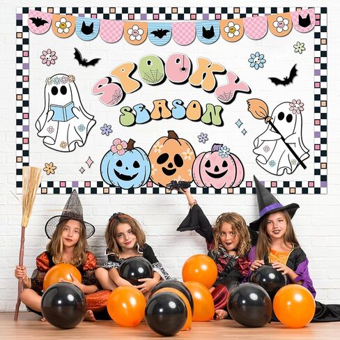 Halloween Bulletin Board Decorations Boho Halloween Ghost Pumpkin Spider Bat Paper Cutouts Supplies Groovy Spooky Season Classroom Decors for Holiday School Home Class Chalkboard Wall Decor in Saudi Arabia