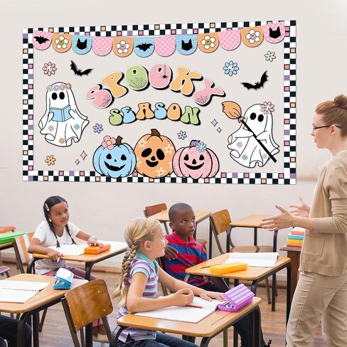 Halloween Bulletin Board Decorations Boho Halloween Ghost Pumpkin Spider Bat Paper Cutouts Supplies Groovy Spooky Season Classroom Decors for Holiday School Home Class Chalkboard Wall Decor in Saudi Arabia